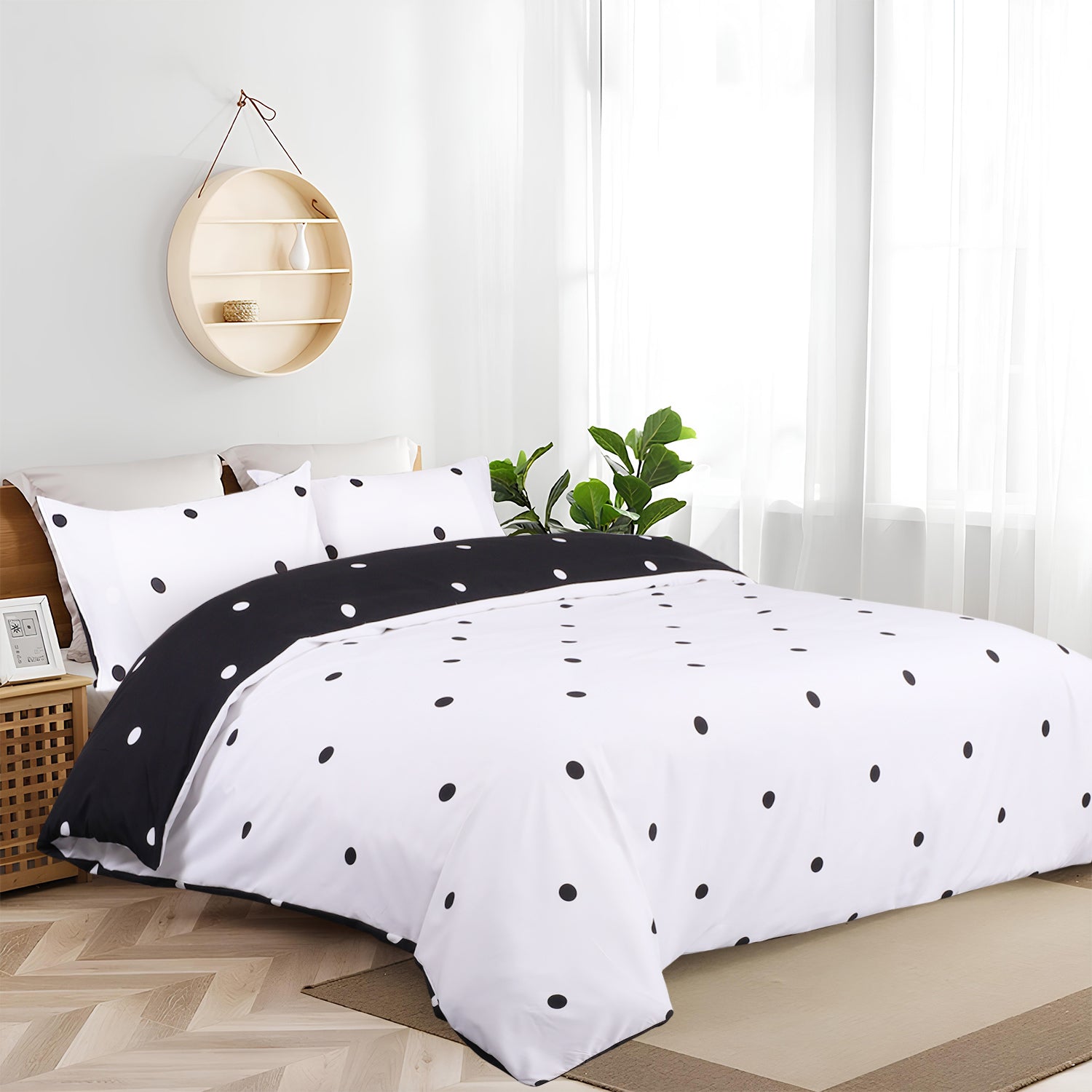 Polka Dot Printed Duvet Cover Set White & Black