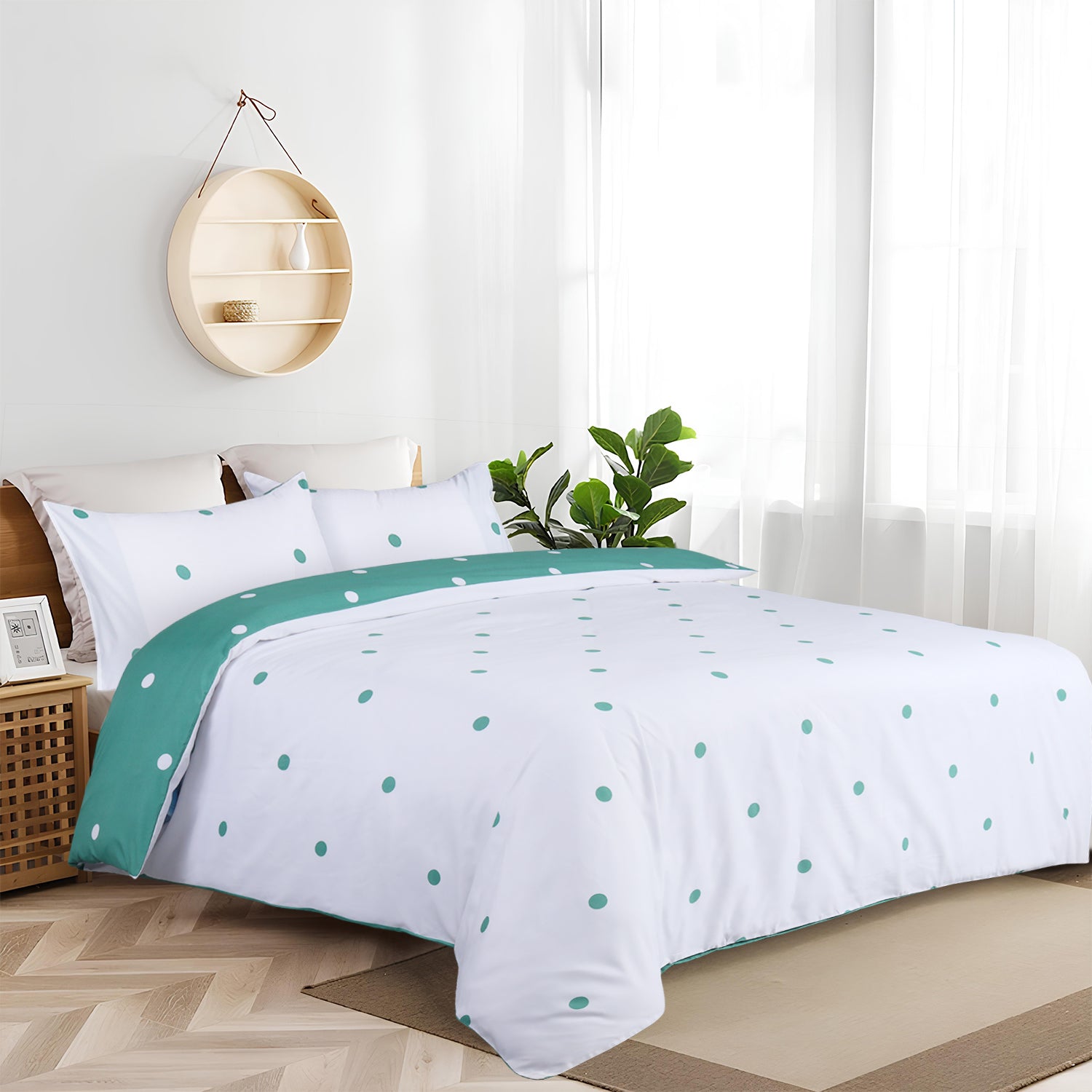 Polka Dot Printed Duvet Cover Set White & Green