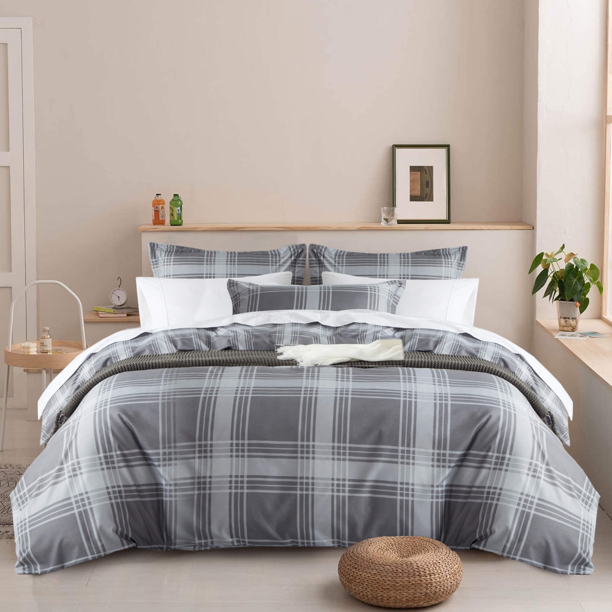 Grey Check Printed Duvet Cover Set