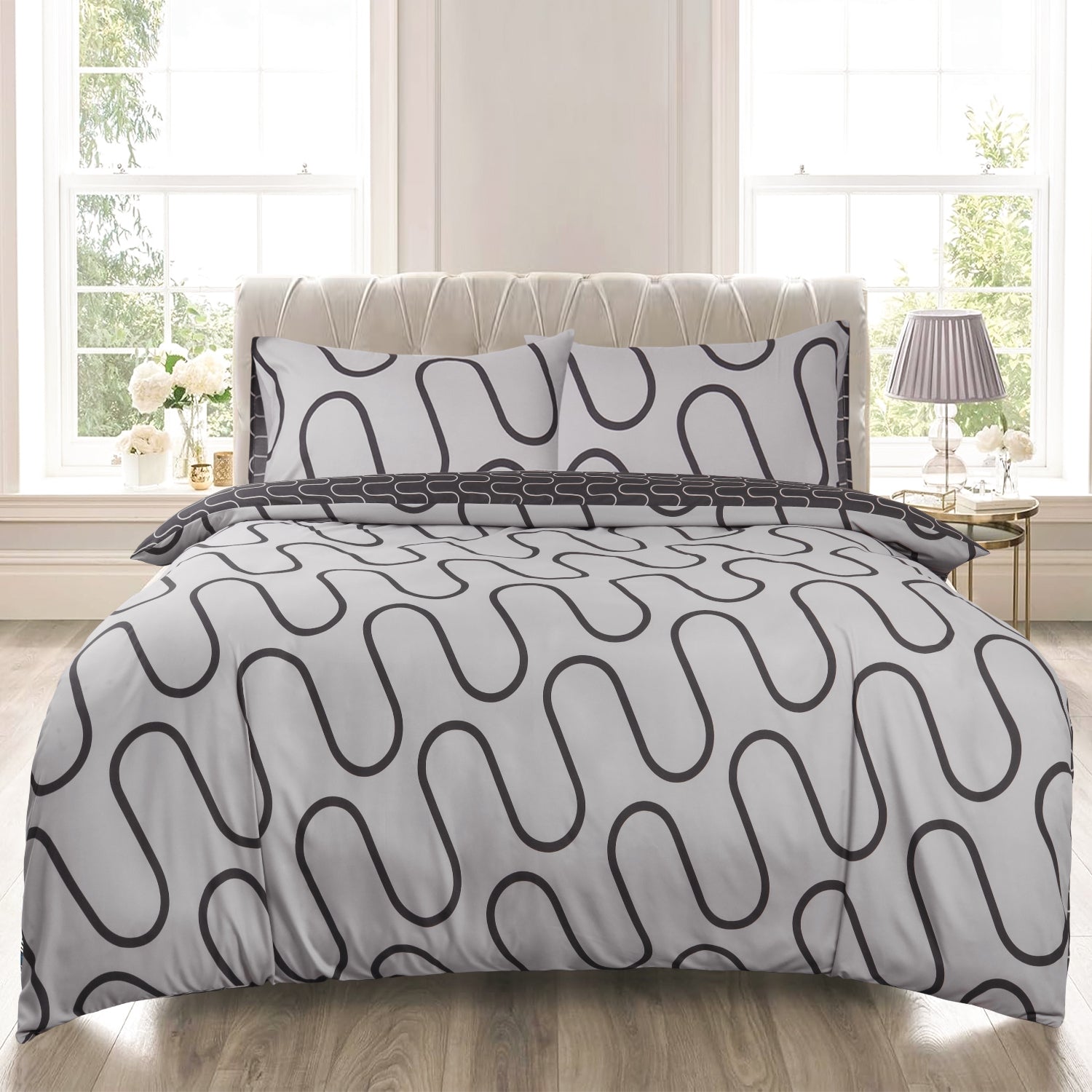Waves Printed Duvet Cover Grey & Black