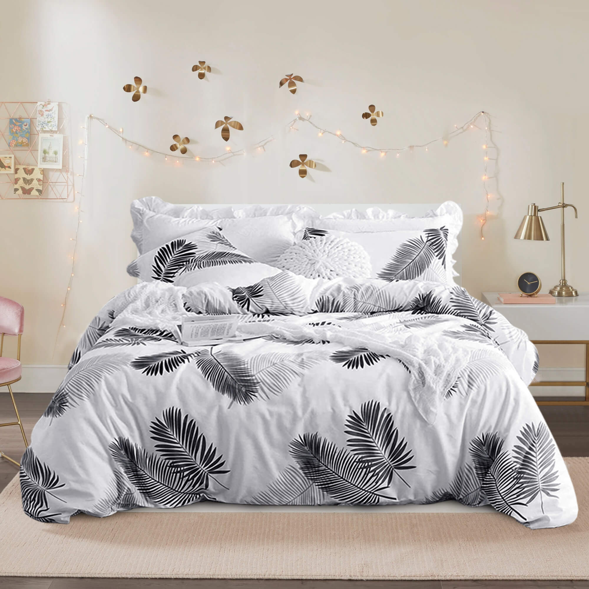 Palm Leaf Printed White Duvet Cover Set