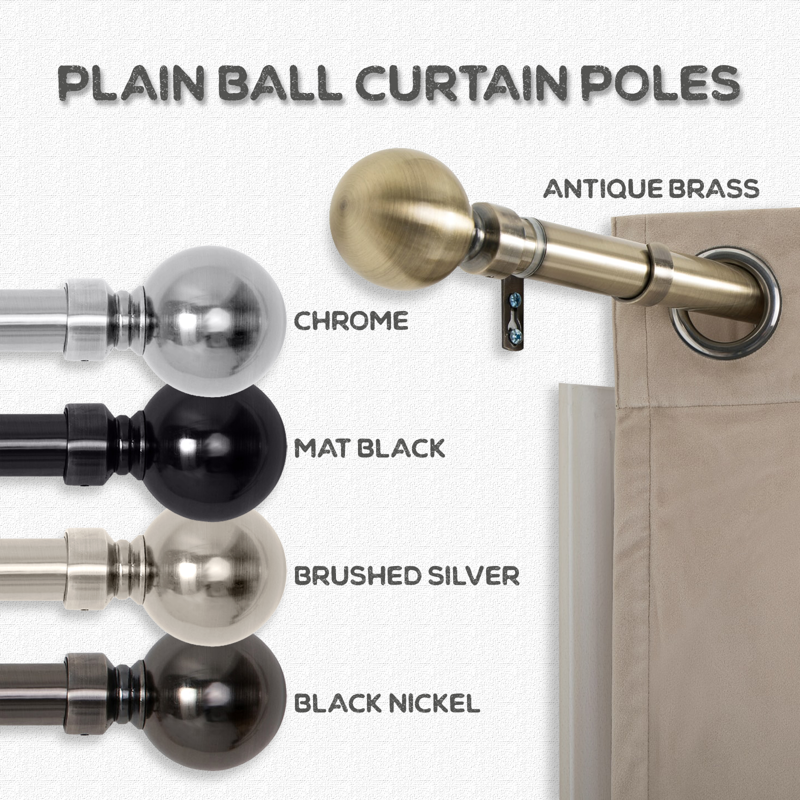 Extendable Curtain Poles & Holdbacks Adjustable Metal Curtain Pole Set