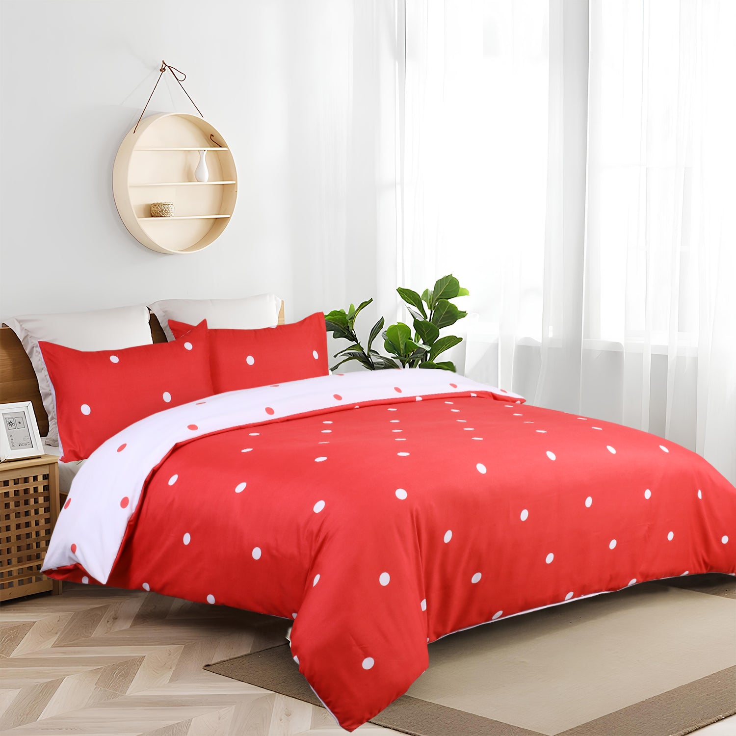 Polka Dot Printed Duvet Cover Set Red & White