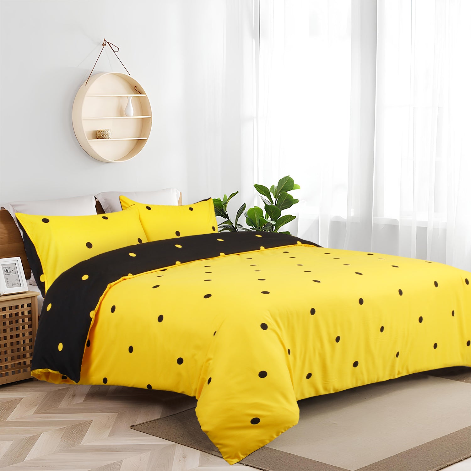 Polka Dot Printed Duvet Cover Set Ochre & Black