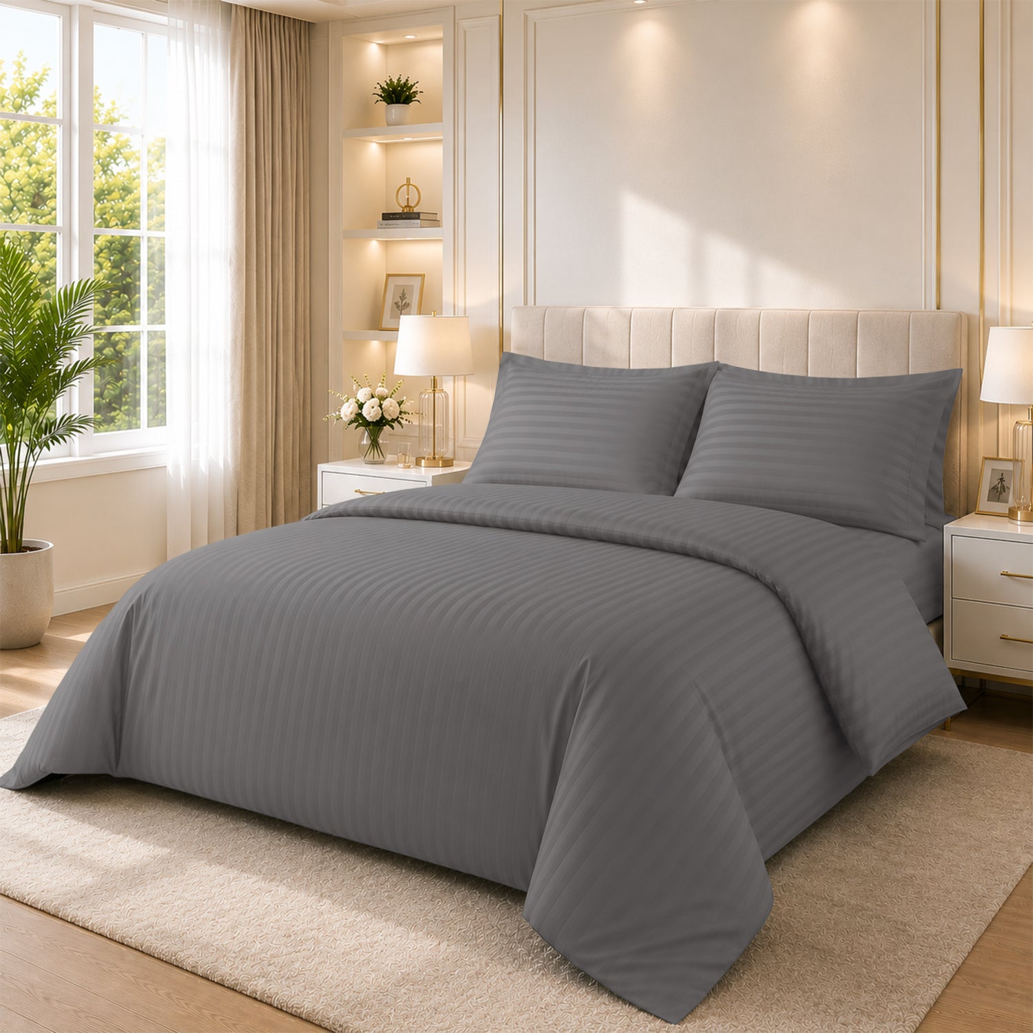 4 Piece Stripe Bedding Set - Duvet Cover, Pillowcases & Fitted Sheet