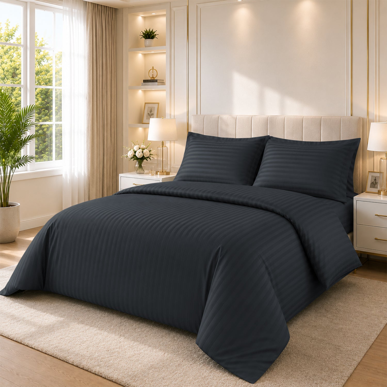 4 Piece Stripe Bedding Set - Duvet Cover, Pillowcases & Fitted Sheet