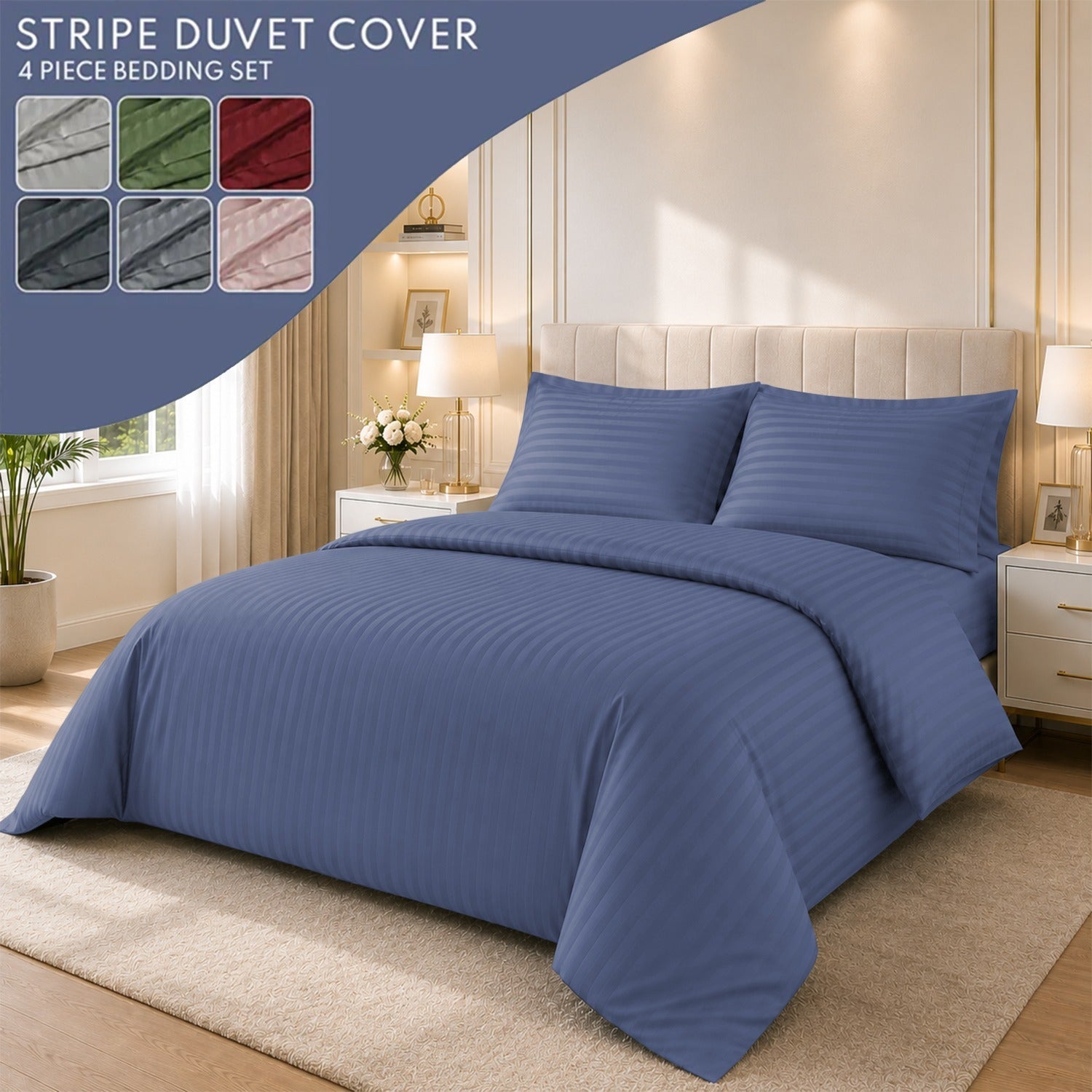 4 Piece Stripe Bedding Set - Duvet Cover, Pillowcases & Fitted Sheet
