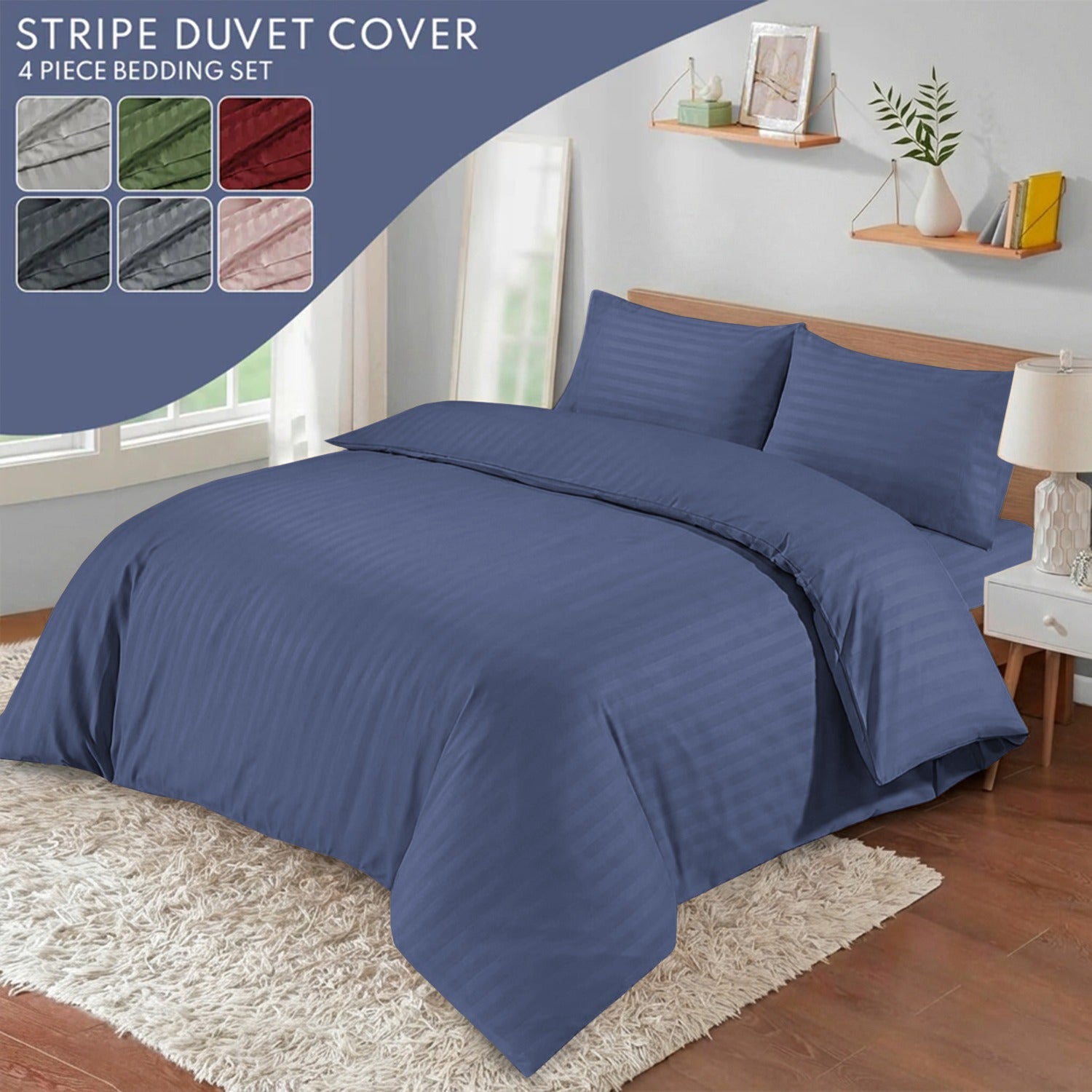 Stripe 4 Piece Bedding Set Duvet Cover, Pillowcases & Fitted Sheet