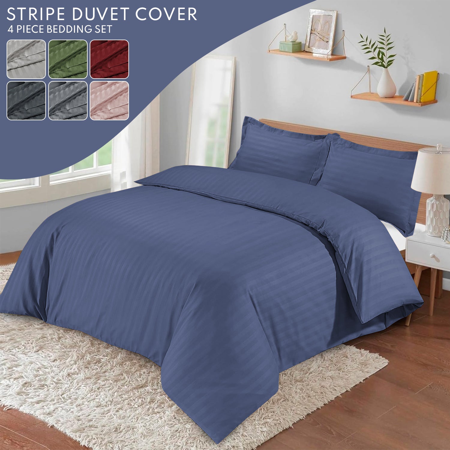 Stripe 4 Piece Bedding Set Duvet Cover, Pillowcases & Fitted Sheet