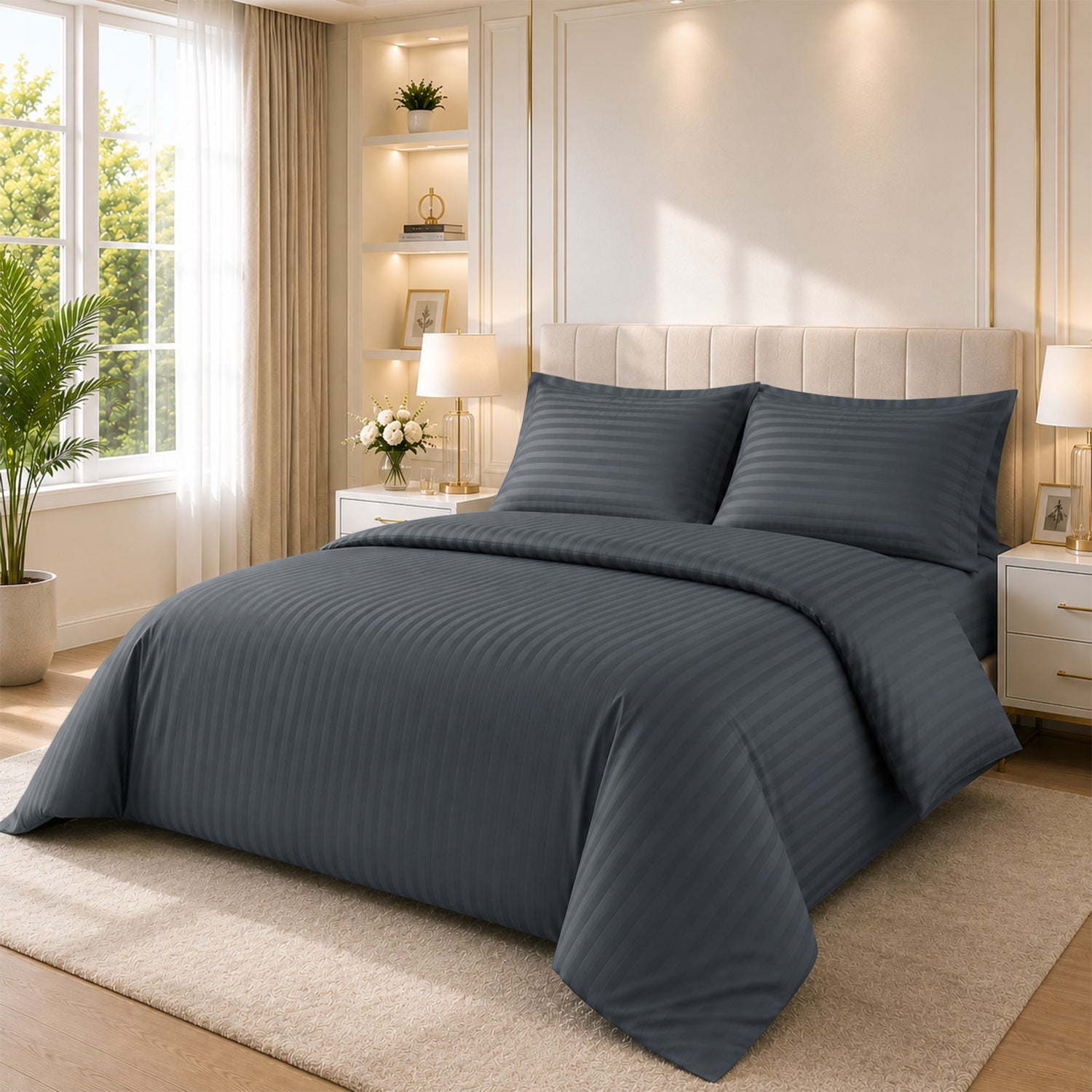 4 Piece Stripe Bedding Set - Duvet Cover, Pillowcases & Fitted Sheet