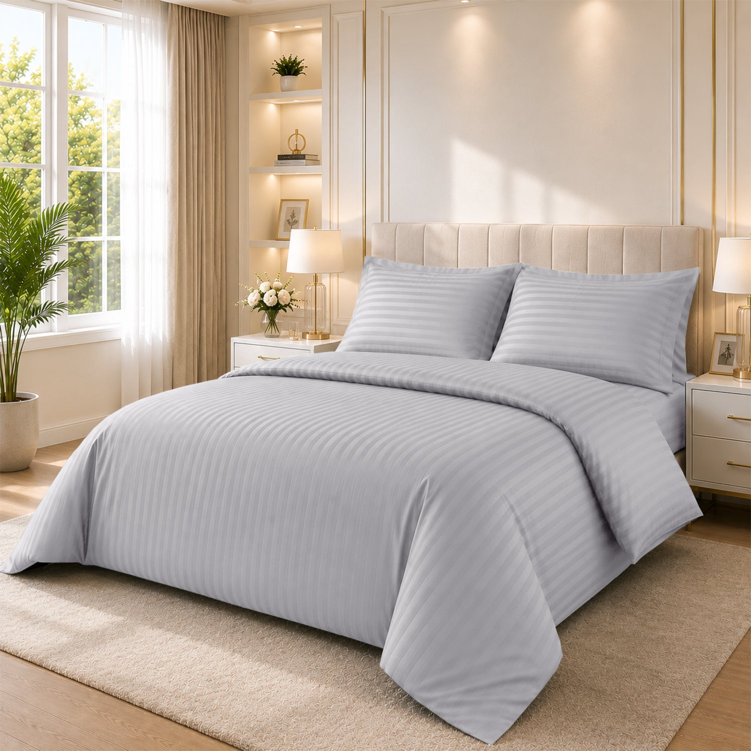 4 Piece Stripe Bedding Set - Duvet Cover, Pillowcases & Fitted Sheet